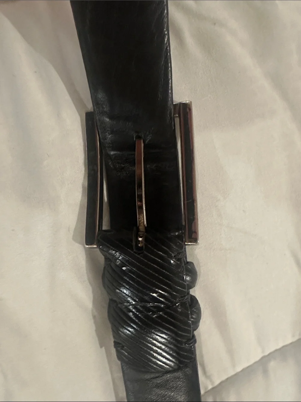 Textured Black Leather Belt with Silver Buckle